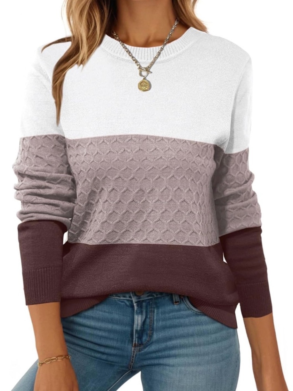 zeagoo White, Mauve & Plum Colorblock Crew Sweater